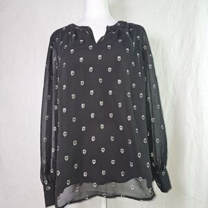NWT Talbots Heart Jacquard Womens Blouse Sz M Black Metallic Semi Sheer